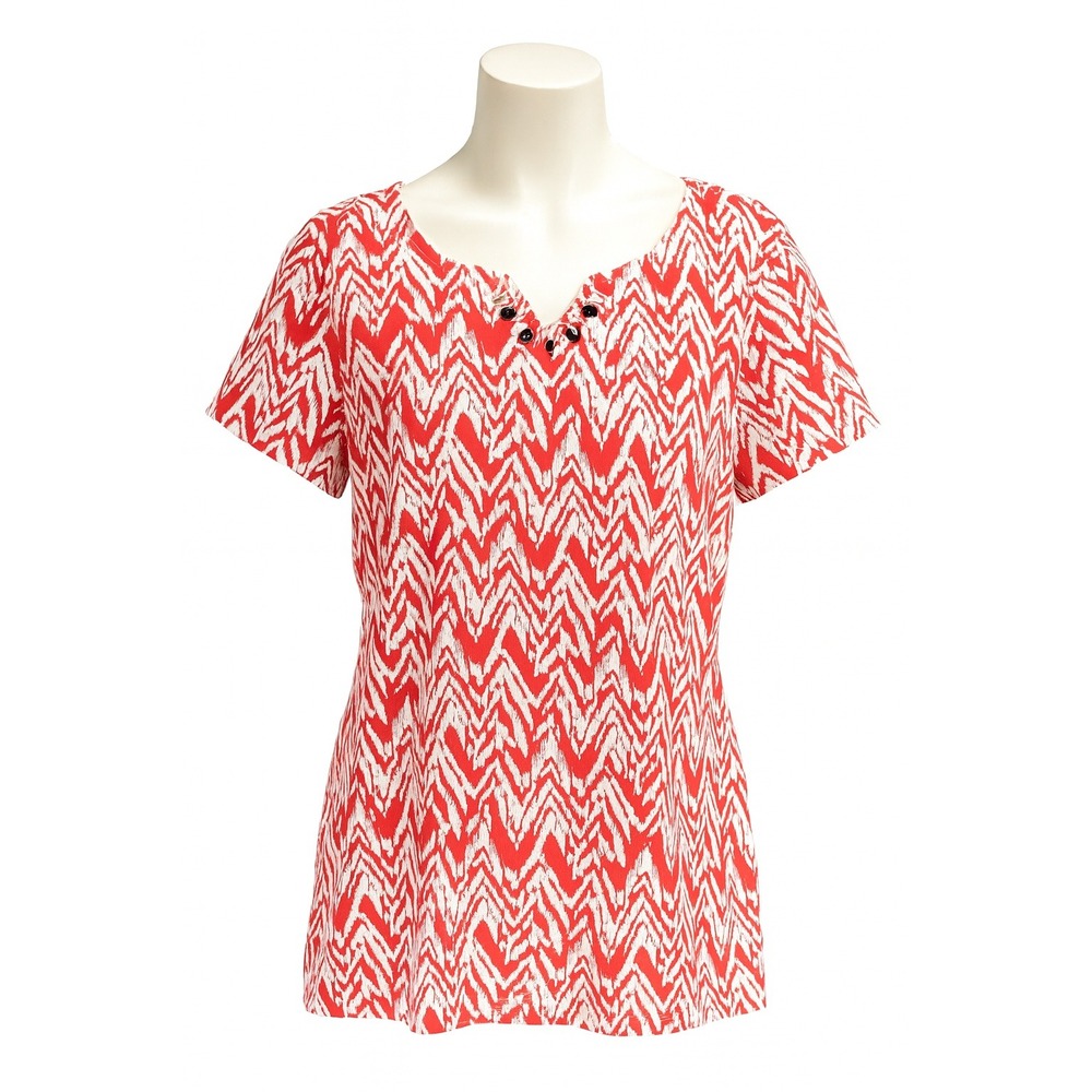 Ruby Rd Favorites Women Top XXL Red White Chevron Print Beaded Neckline Stretch